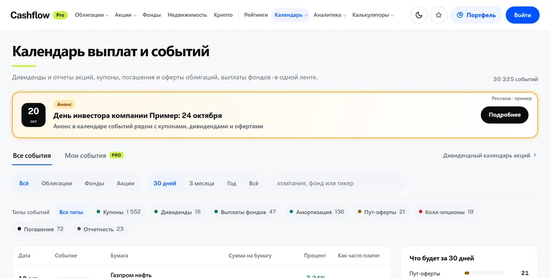 Пример: анонсы в календарях на cfpro.ru